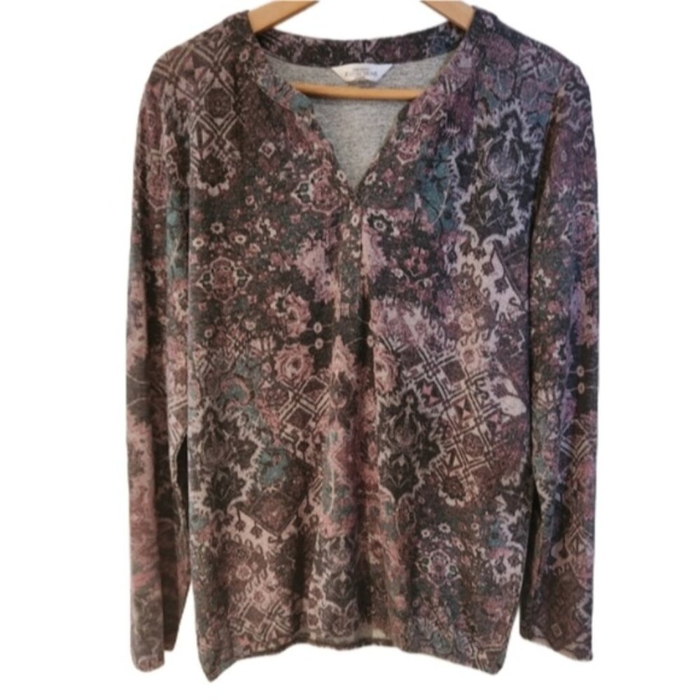 Northern Reflections Large Purple Dark Teal Patterned Long Sleeve Top Dressy